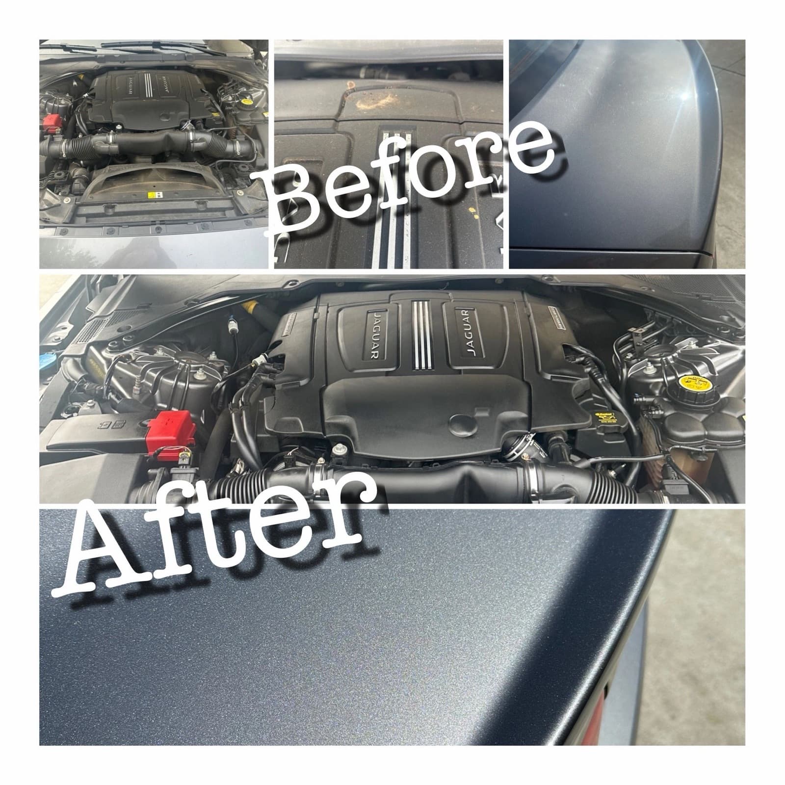 Before and after photos of an engine bay cleaned and dressed